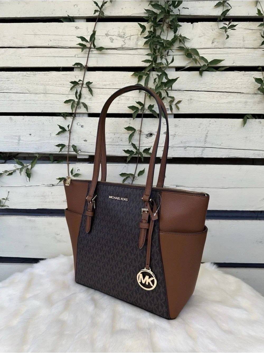 Michael Kors Brown MK Signature Tote with Gold Charm